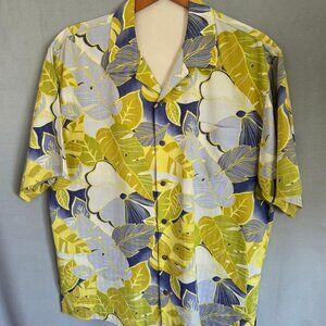 Tommy Bahama Shirt Men’s 100% Silk Hawaiian Floral Palm Fronds Yellow Blue Sz L